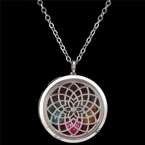 Lotus Flower Magnetic Aroma Necklace Perfume Locket Pendant Essential Oil Diffuser Women Beads Cage 50cm Steel Chain Necklace