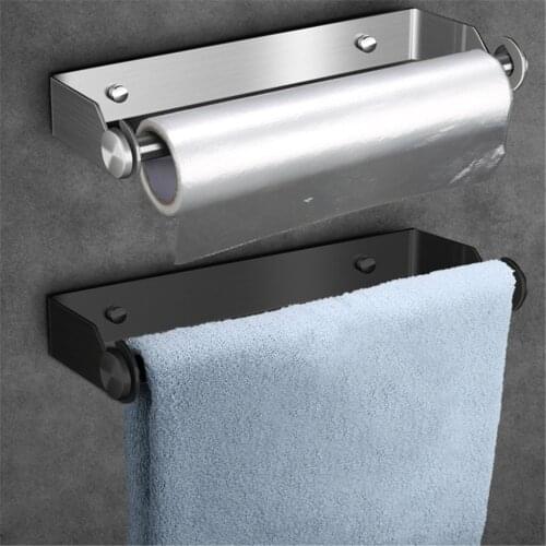 Punch-Free Roll Paper Holder Cling Stainless Steel Paper Towel Holder Film Towel Rack Kitchen Tissue Hanger Wall Storage Shelf