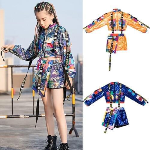 Girls Jazz Costumes Children Street Dance Sequin Clothes Kids Hiphop Performance Outfit Child Catwalk Show Clothing DQL2823