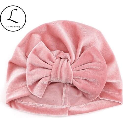 GZhilovingL Autumn Winter Baby Boys Girls Big Velvet Bow Hats 2018 Soft Cute Kids Childs Girls Solid Muslim Turban Hat Beanies