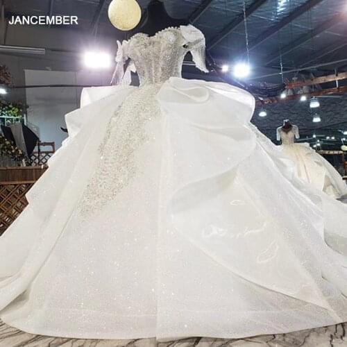 HTL1939 Ball-Gown Beaded Crystal Luxury Bow Wedding Dress 2020 Short Sleeve Sweetheart Lace Up Back Off The Shoulder