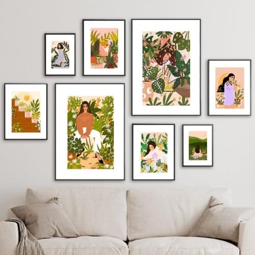 Plant Grassland Abstract Girl Illustration Art Canvas Painting Nordic Posters And Prints Wall Pictures For Living Room Decor