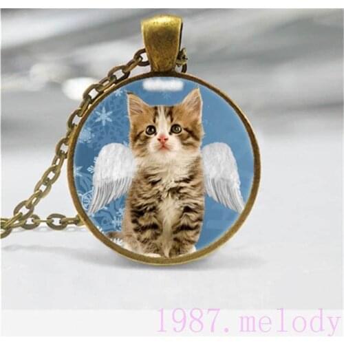 Angel Cat Animal Creative Vintage Photo Cabochon Glass Chain Necklace,Charm Women Pendants Fashion Jewelry Gifts