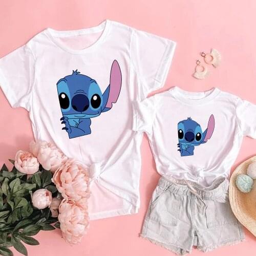 Fashion Mommy And Me Lilo Stitch Print Family Matching Clothes T-shirts Outfits Father Mother Son Kids Family Look Mom Dad Tops