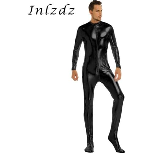 Mens Full Body Leotard Bodysuit Shiny Metallic Clubwear Round Neck Long Sleeves Closed Toe Stretchy Stage Performance Costume