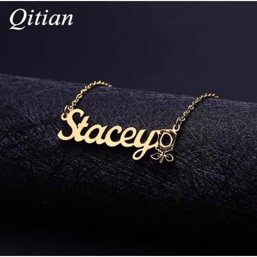 Personalized Name Necklace Flower Symbol Stainless Steel Custom Name Pendant Cursive Nameplate Necklace Handmade Romantic Gift