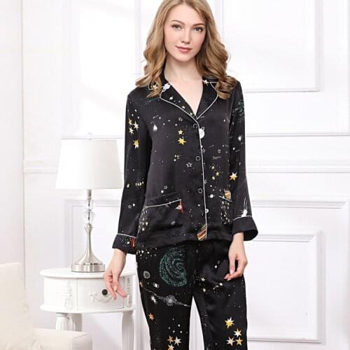Elegance starry sky 100% natural silk pajamas sets women Fashion black long sleeve nightwear genuine silk noble pyjamas women