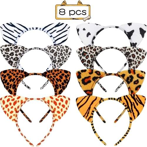 FEECOLOR 8 Pcs Jungle Safari Animal Headbands Leopard For Costume Fancy Dress Party Zoo Themed Supplies