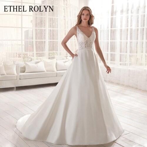 ETHEL ROLYN Romantic Vintage Wedding Dress 2021 V-neck Backless Bow Soft Satin Appliques A-Line Wedding Gowns Vestido De Noiva