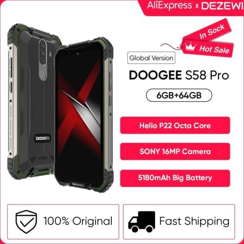 New DOOGEE S58 Pro Mobile Phone IP68/IP69K Waterproof Rugged Phone 5180mAh 5.71"FHD+Display 6GB+64GB Android 10 NFC Smartphone