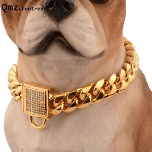 Top quality 14mm 12~32inch Gold Tone Curb Cuban Pet Link Stainless Steel CZ Clasp Dog Chain Collar Wholesale Pet Necklaces