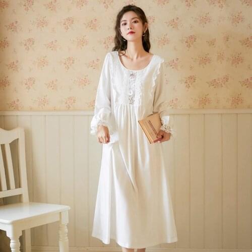Women Long Sleeve Nightdress Spring Cotton Palace Style Sexy Nightgowns White Round Neck Sleepshirts Princess Loose Night Dress