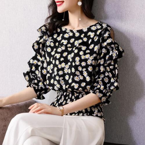 WomenS Spring Summer Style Chiffon Blouses Shirt WomenS Off Shoulder O-Neck Ruffles Printed Patchwork Casual Tops SP775