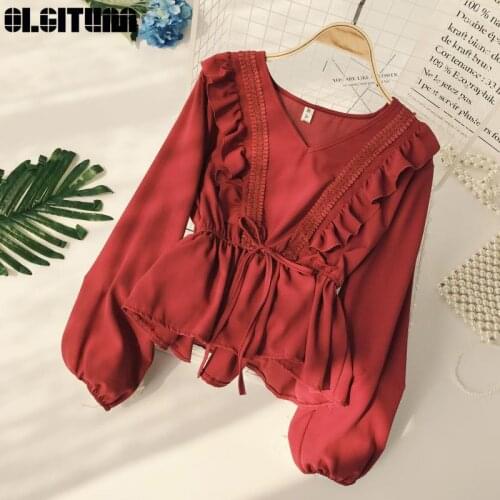 New Solid Blouse Women 2020 Spring Summer Vintage Drawstring Sash Ruffles Shirt Female V-Neck Lace Patchwork Slim Tops