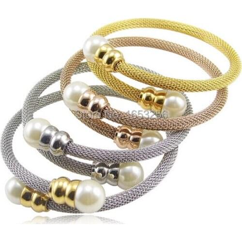4 Color choose White Pearl Style Women Stainless Steel Cable Wire Charms Cuff Bangle Bracelet good gifts for wide / girlfriend