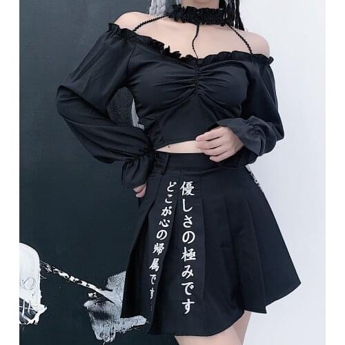 New Harajuku Sexy Fashion Black Off Shoulder Hollow Out Long Sleeve T-Shirt Spring Autumn Female Gothic V-neck Slim Top