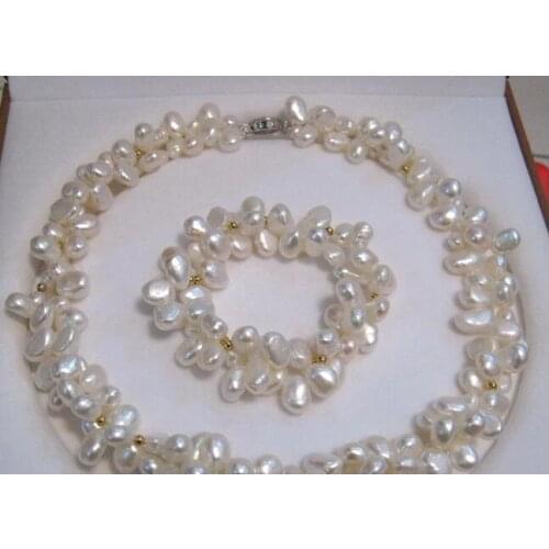 Women Jewelry set 10mm white baroque pearl 2 rows necklace bracelet gold beads AAA Cultured freshwater pearl 17'' 43cm