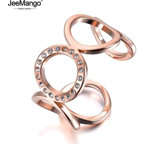 JeeMango Titanium Stainless Steel O-shape Geometric Open Ring Rose Gold Micro Pave CZ Crystal Anniversary Ring For Women JR19028