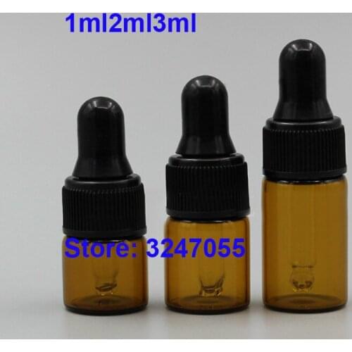 1ml2ml3ml Small Empty Brown Glass Cosmetic Essential Oil Refillable Sample Bottle, Mini Amber Dropper Serum Vails with Pipettes