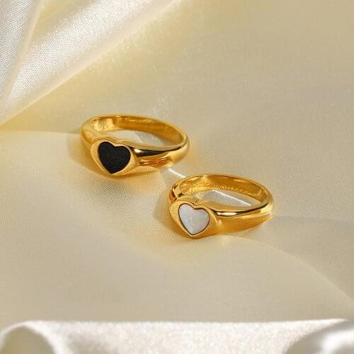 18K Gold Plated 316L Stainless Steel Rings For Women Black White Heart Shape Epoxy Rings Jewelry Accessories