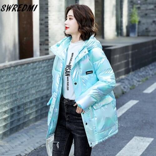SWREDMI Glossy Long Parka For Girls Women Winter Jackets Hooded Waterproof Warm Clothing Students Fashion Coats High Street Wear