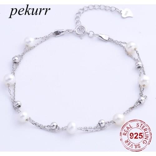 Pekurr Double Chain 925 Sterling Silver 4.5mm Round Natural Freshwater Pearl Bracelet For Women 7 Beads Jewelry Bangles