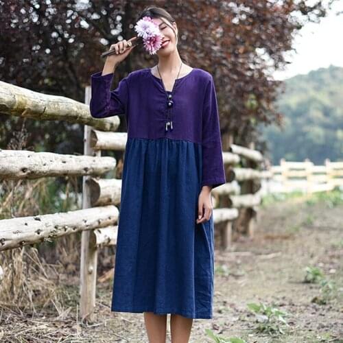 SCUWLINEN 2020 Women Spring Autumn Dress Contrast Color Patchwork Thick Loose Long A-line Linen Cotton Dress Vestidos S987