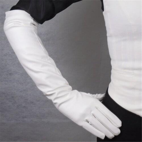 Long Leather Gloves 50cm Lady Emulation Leather Sheepskin PU White Silky Lined Warm Slim Hand Women Gloves Free Shipping WPU83