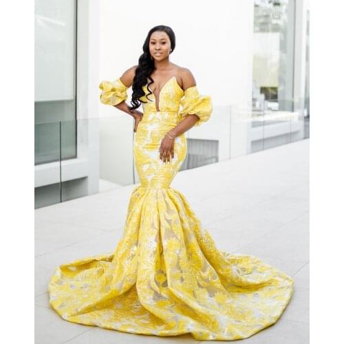 African Girl Long Evening Dresses 2021 Luxury Yellow Mermaid Style Sexy Deep V-neck With Short Sleeves Lace Party Formal Dress