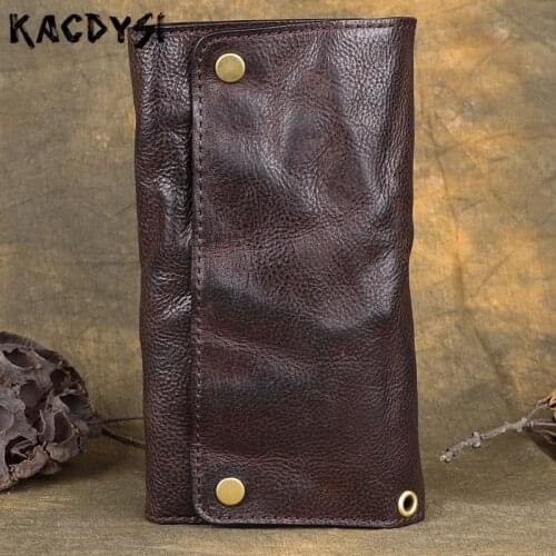 Genuine Cow Leather Long Mens Wallet Retro Brush Color Multifunction Trifold Purse Original Handmade Wallet Leather Card Holder