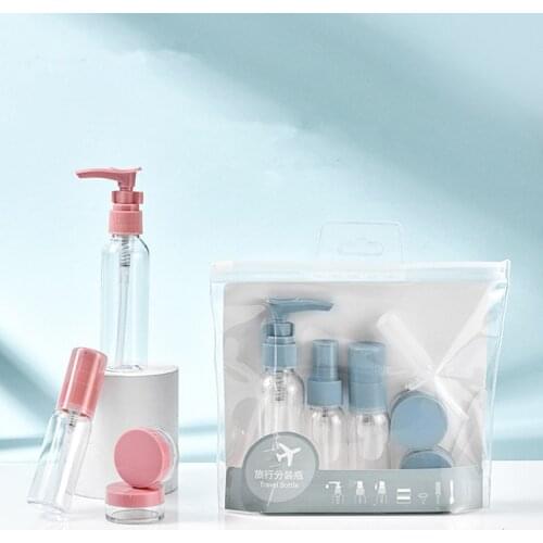 9pcs/set Travel Bottling Set Portable Press Spray Bottle Cosmetic Lotion Shampoo Body Wash Cream Bottle Recyling Clean Container