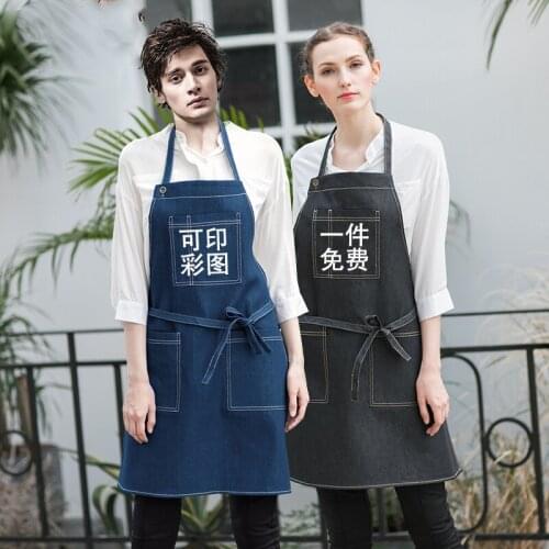 Denim material men and women apron home kitchen painting cooking baking custom work clothes hanging neck aprons with pocket