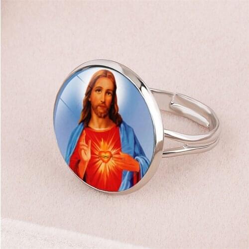 FIMAODZ Virgin Mary Mother of Baby Jesus Ring Glass Time Gem Adjustable Rings for Men Women Catholic Christian Jewelry
