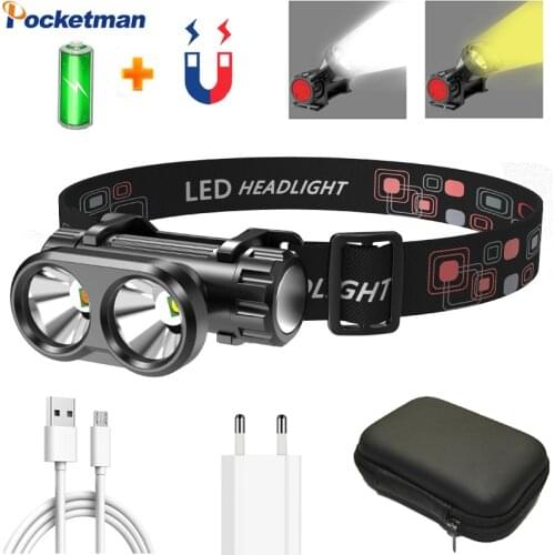 Upgraded Yellow/white light dual light source headlamp 30000lm portable headlamp with magnet head torch with built in battery