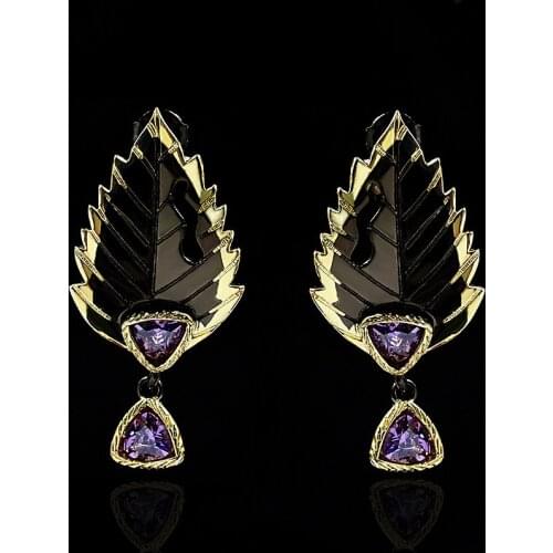 Exquisite Leaf Feather Shape Pendant Earrings Purple Zircon Ladies Earrings Luxury Original Ladies 925 Silver Jewelry