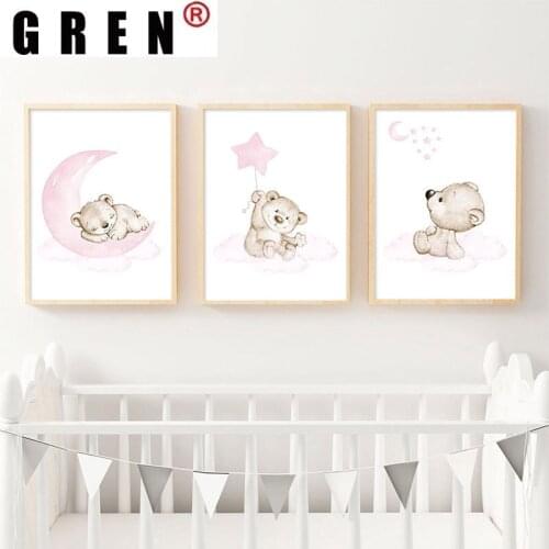 GREN Nordic Pink Moon Star Cloud Bear Child Canvas Painting Wall Art Print Poster Picture Modern Kid Baby Bedroom Home Decor