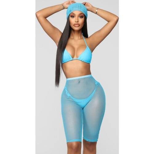 3 Piece Set Women Summer Beach Holiday Wear 2019 New Sheer Mesh Sexy Bandage Padded Camis and Transparent Perspective Pants Suit