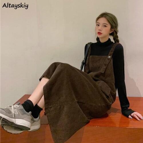 Women Sets Spring Autumn Two Piece Strap Dress Pockets Corduroy Streetwear Retro Chic Basic Solid T-shirts Turtleneck All-match