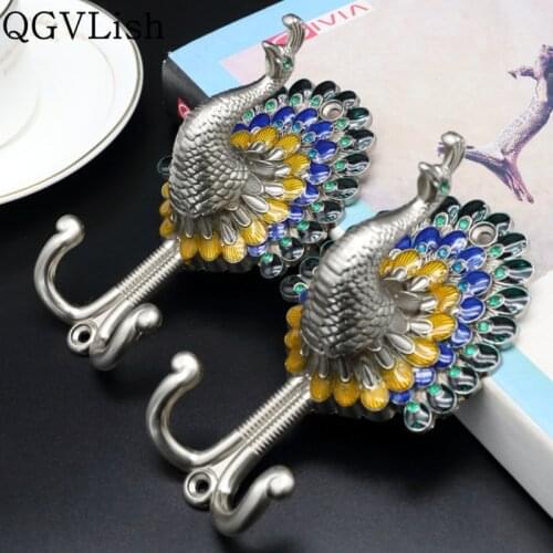 QGVLish 2Pcs Peacock Curtain Hooks Wall Tiebacks Hanger Buckle Bind Ropes Holdback Tassel Brush Holder Curtain Accessories Hook