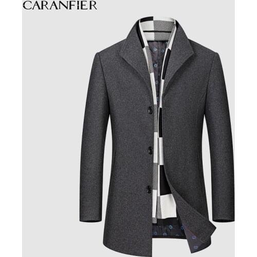 CARANFIER Mens Wool Blend Winter Coats Thick Cotton Wool Jackets Male Casual Slim Nylon Long Jacket Scarf Men Outwear EU SIZE