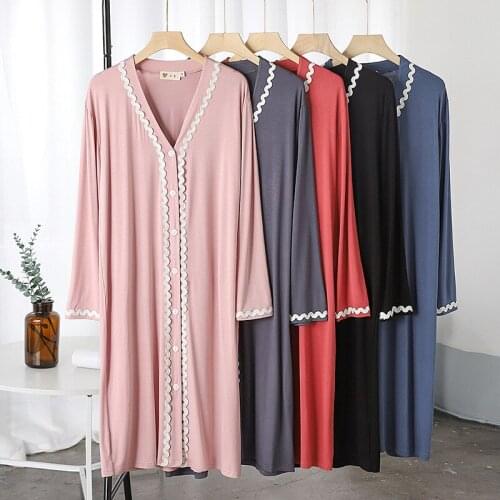 Modal Nightdress Cardigan Lace Long Sleeve Womens Sleepwear Mid Length Dress Nightwear Home Clothes Spring Nightgowns Hot Sale