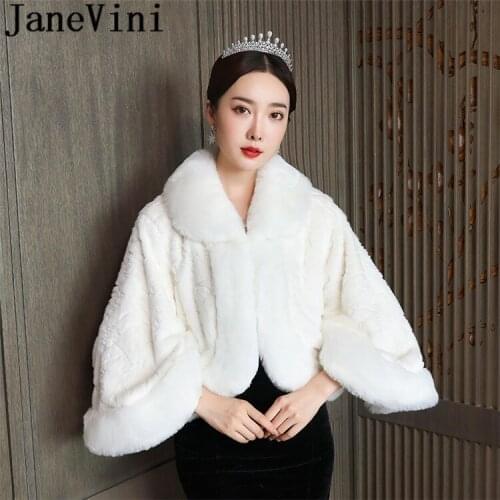 JaneVini New Style High Neck Party Bolero Bridal Wedding Fur Coat Jackets Long Sleeve Winter Wedding Coats for Brides Wrap Capes