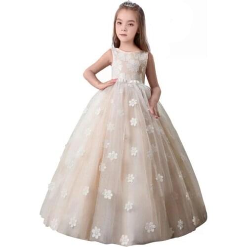 New Flower Girls Dresses Kids Lace Bodice 3D Flower Applique Long Tulle Party Wedding Dress Formal Girls Clothing