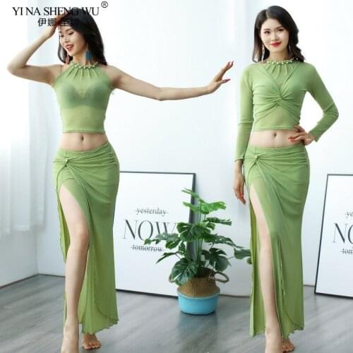 Sexy Mesh Fashion Women Belly Dance Clothing Girl Class Wear Practice Outfits Summer Bellydance Costume Set 2pcs Top+Split Skirt