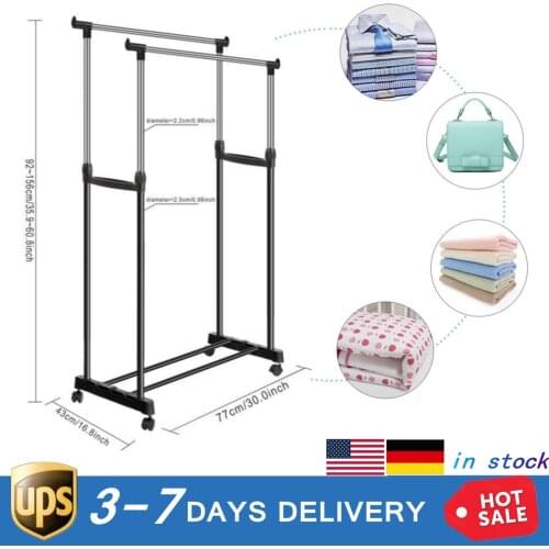 Adjustable Clothes Rack Single/Double Rods with Wheel Movable Assembled Coat Rack Stand Shoe Shelf Adjustable Clothing Closet