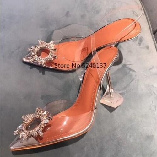 Gladiator Crystals Women Sandals Transparent Heel PVC Pointed Toe Slingback European Designer High Heel Sandals Femme
