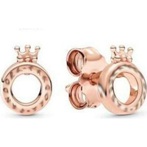Hot Fashion 100% 925 Sterling Silver Rose Gold Color Shining Crown O Earrings For Women Authentic Original Jewelry Gift