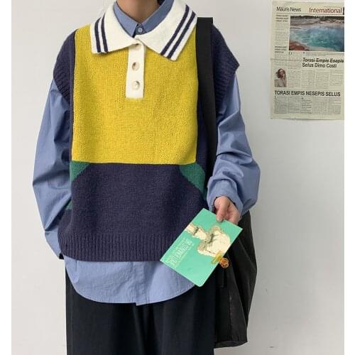 Sweater Vest Mens Fashion Contrast Color Casual Lapel Knit Pullover Mens Streetwear Loose Sweater Vest Men Sweter Clothes M-2XL