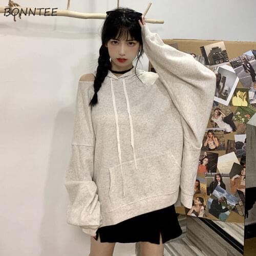 Sweatshirts Women Spring Workout Streetwear Off Shoulder Sexy Leisure Fashionable Loose Long Sleeve Beige Simple Kangaroo Pocket