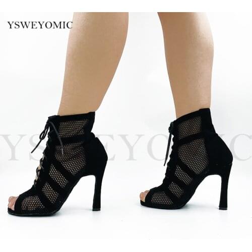 4inch High Heel Latin Dance Shoes 2020 New Style Black Leather With Mesh comfortable Customized Salsa Latin Shoes for Women